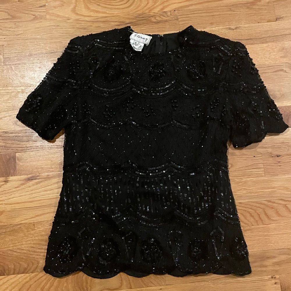 Vintage Sténay Black Beaded Sequin Scallop Shoulder Pad Shirt Top - Size Small